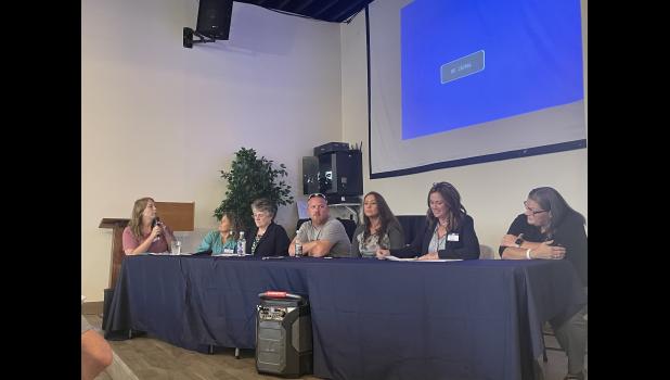 Photo by Megan Galbreath A panel answers questions about Treatment Courts in Pulaski County during a town hall on Wednesday, Oct. 1. Pictured (from left to right) is Charissa Lucas, Jennifer Shafer, Circuit Court Judge Mary Welker, Treatment Court graduates Jeremy and Jennifer, Superior Court Judge Crystal Kocher and Sandy Lucas.